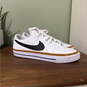 Nike Men’s White Low-Top Court Legacy Sneakers with Black Swoosh and Tan Trim